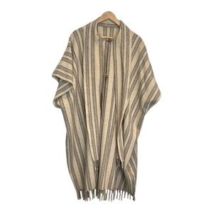 Vintage 70s Wool Blanket Cape Poncho Coat with Fringes One Size